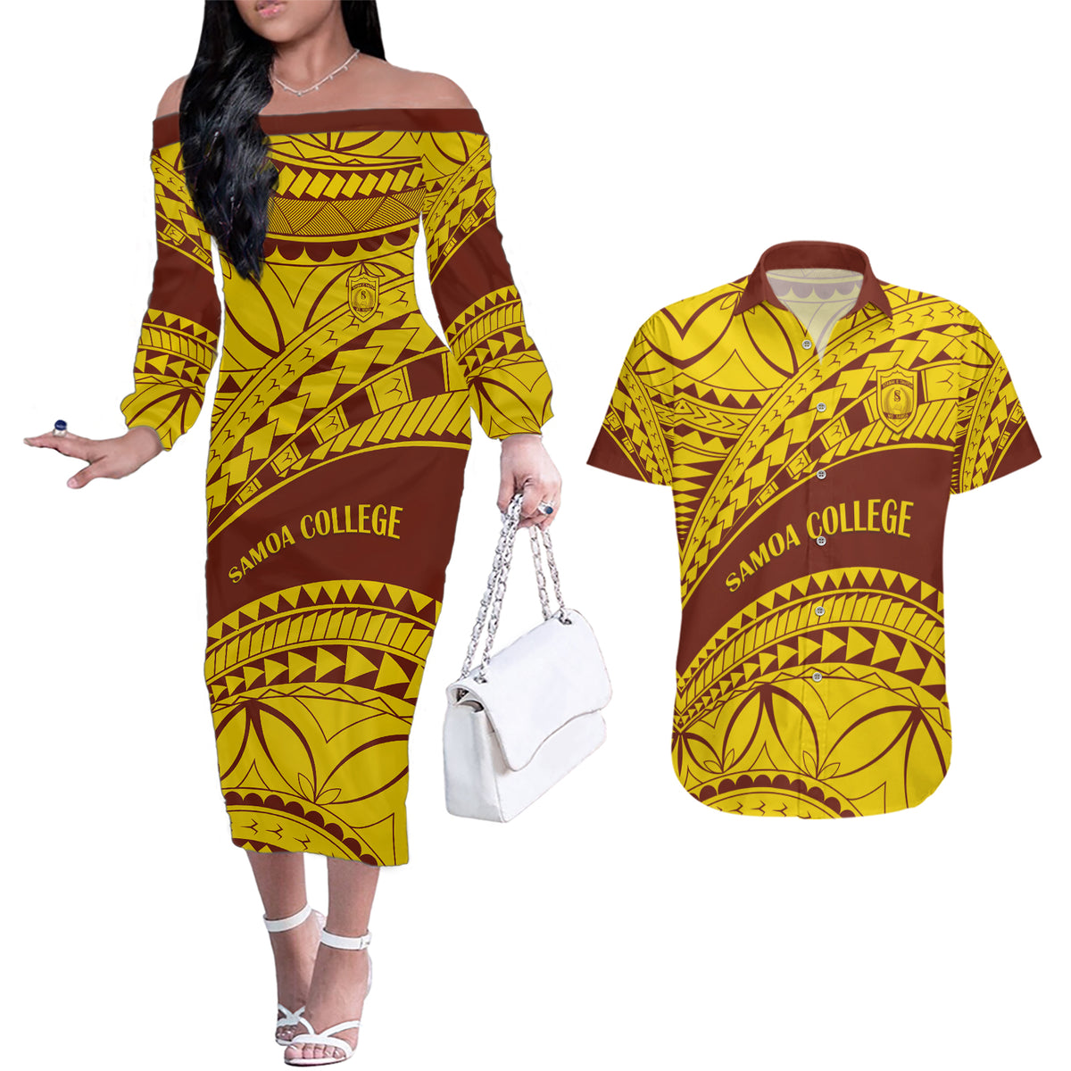 Personalised Samoa College Couples Matching Off The Shoulder Long Sleeve Dress and Hawaiian Shirt Samoan Pattern - Wonder Print Shop