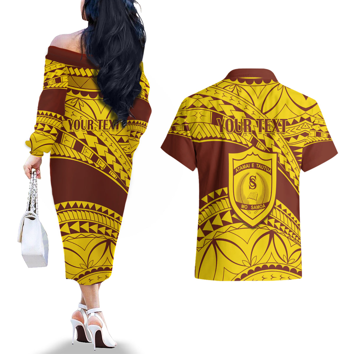 Personalised Samoa College Couples Matching Off The Shoulder Long Sleeve Dress and Hawaiian Shirt Samoan Pattern - Wonder Print Shop