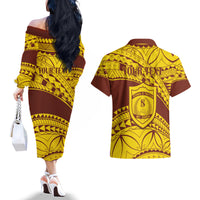 Personalised Samoa College Couples Matching Off The Shoulder Long Sleeve Dress and Hawaiian Shirt Samoan Pattern - Wonder Print Shop