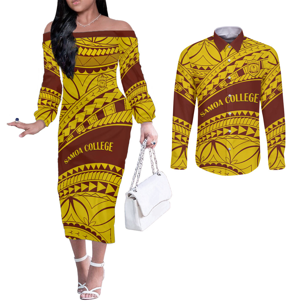 personalised-samoa-college-couples-matching-off-the-shoulder-long-sleeve-dress-and-long-sleeve-button-shirt-samoan-pattern