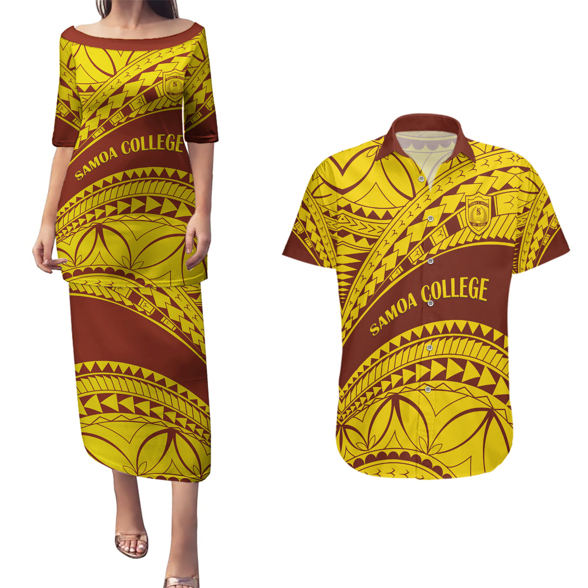 Personalised Samoa College Couples Matching Puletasi Dress and Hawaiian Shirt Samoan Pattern - Wonder Print Shop