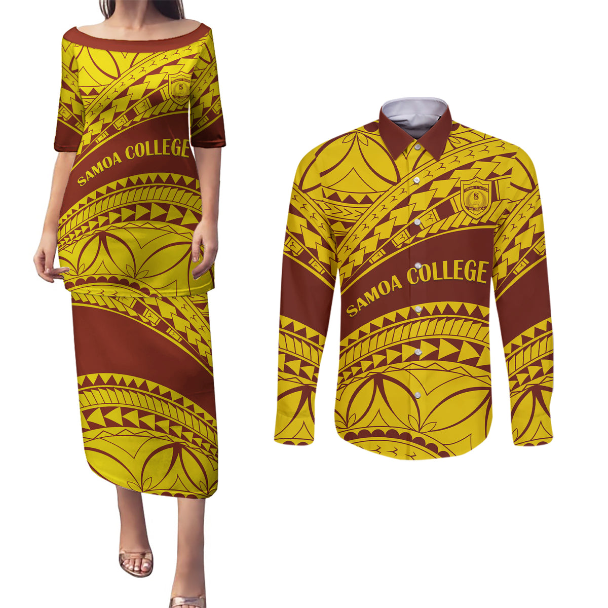 Personalised Samoa College Couples Matching Puletasi Dress and Long Sleeve Button Shirt Samoan Pattern - Wonder Print Shop