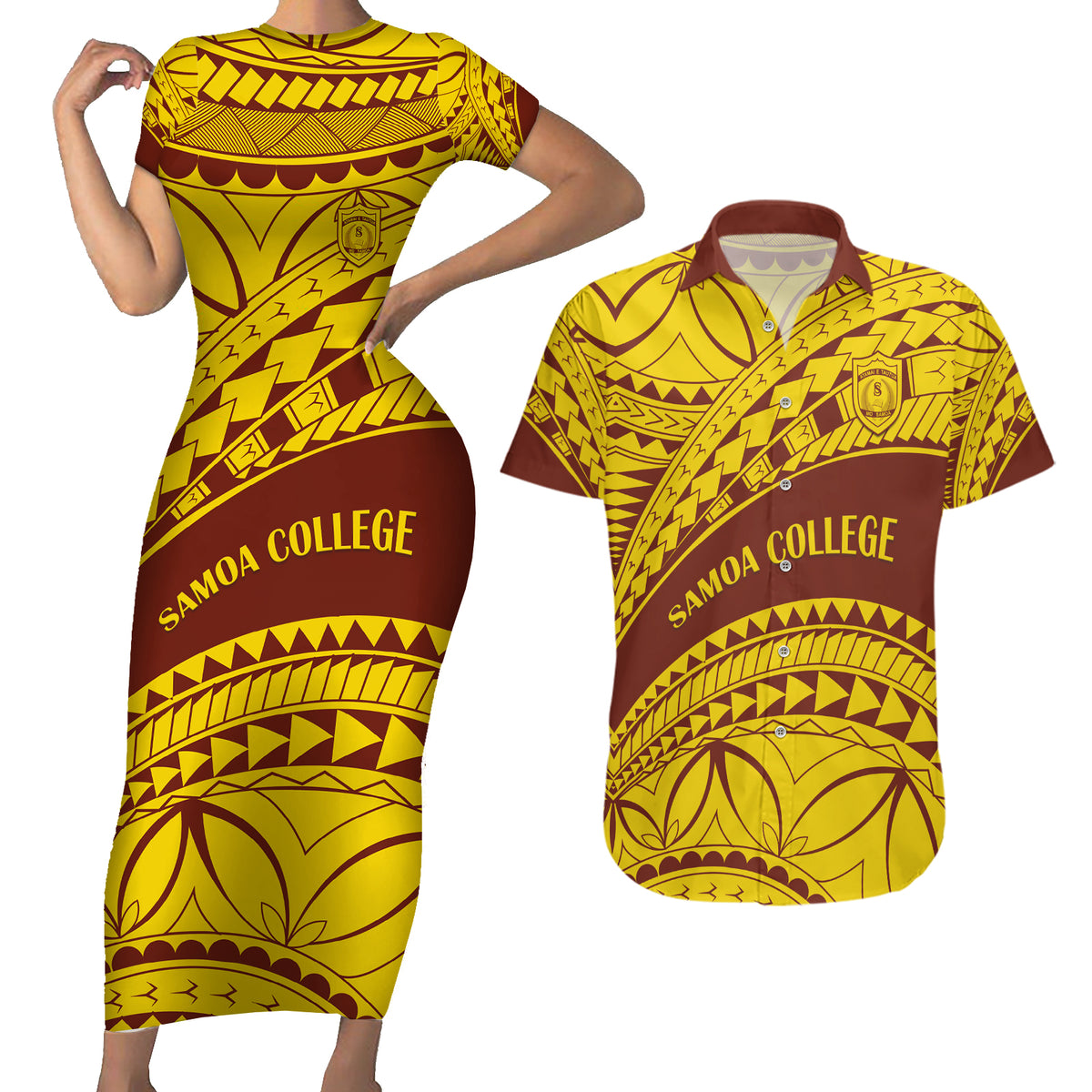 Personalised Samoa College Couples Matching Short Sleeve Bodycon Dress and Hawaiian Shirt Samoan Pattern - Wonder Print Shop