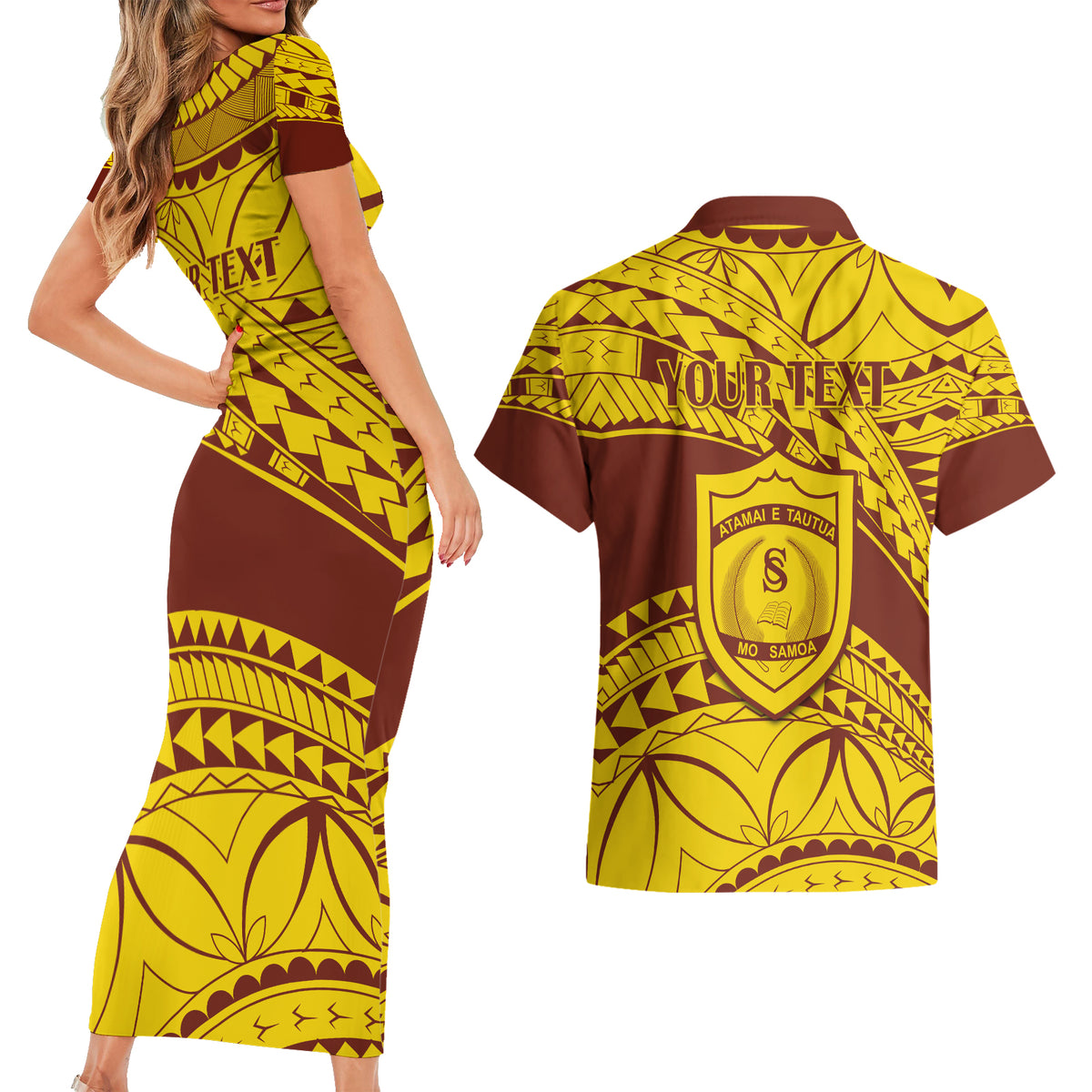 Personalised Samoa College Couples Matching Short Sleeve Bodycon Dress and Hawaiian Shirt Samoan Pattern - Wonder Print Shop