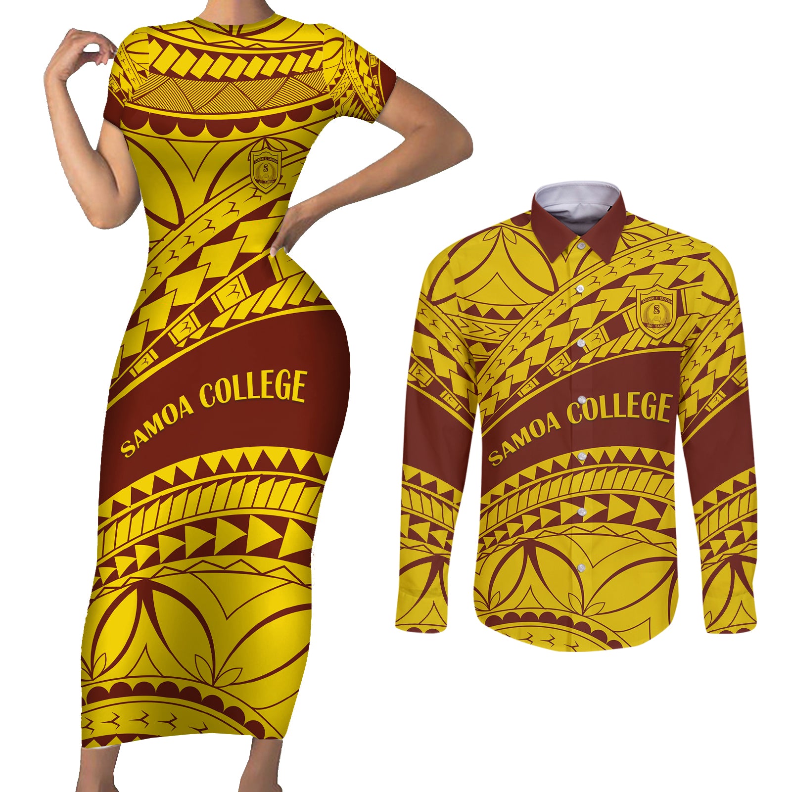 Personalised Samoa College Couples Matching Short Sleeve Bodycon Dress and Long Sleeve Button Shirt Samoan Pattern - Wonder Print Shop
