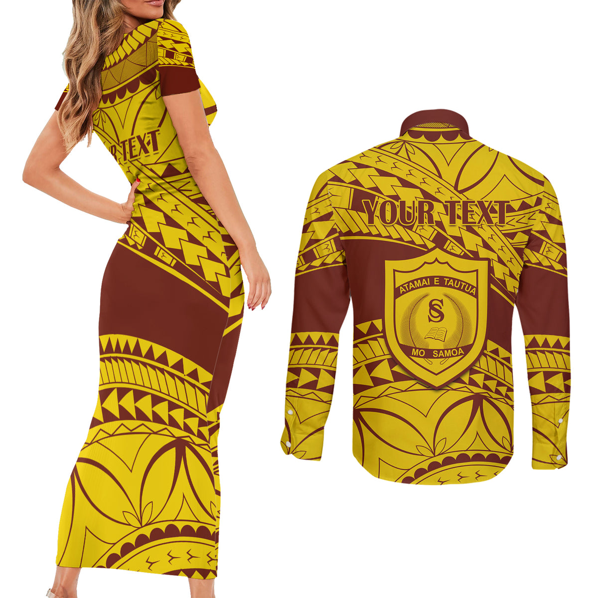 Personalised Samoa College Couples Matching Short Sleeve Bodycon Dress and Long Sleeve Button Shirt Samoan Pattern - Wonder Print Shop
