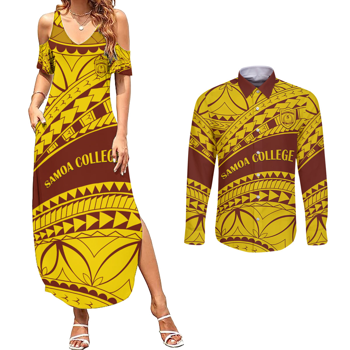 Personalised Samoa College Couples Matching Summer Maxi Dress and Long Sleeve Button Shirt Samoan Pattern - Wonder Print Shop