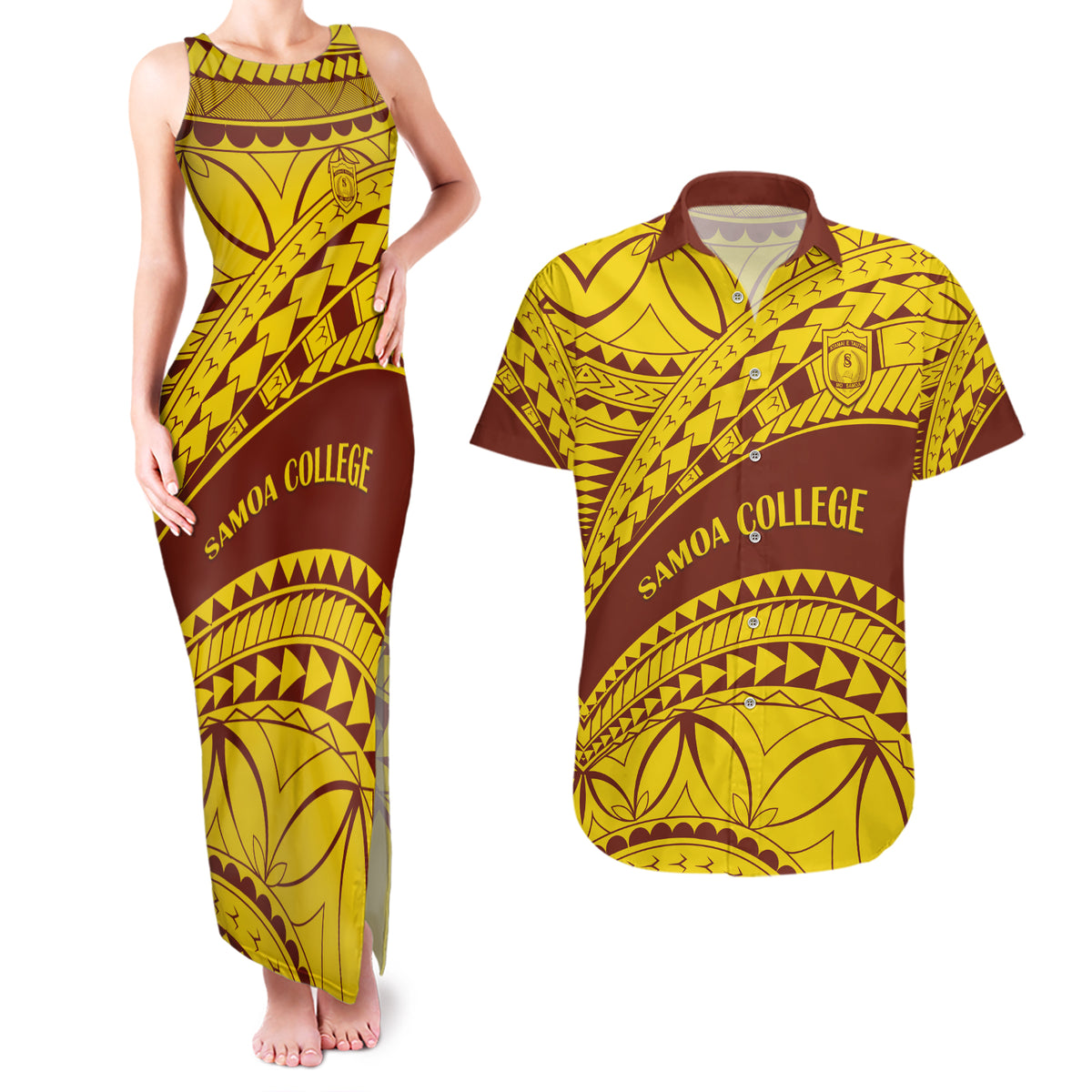 Personalised Samoa College Couples Matching Tank Maxi Dress and Hawaiian Shirt Samoan Pattern - Wonder Print Shop
