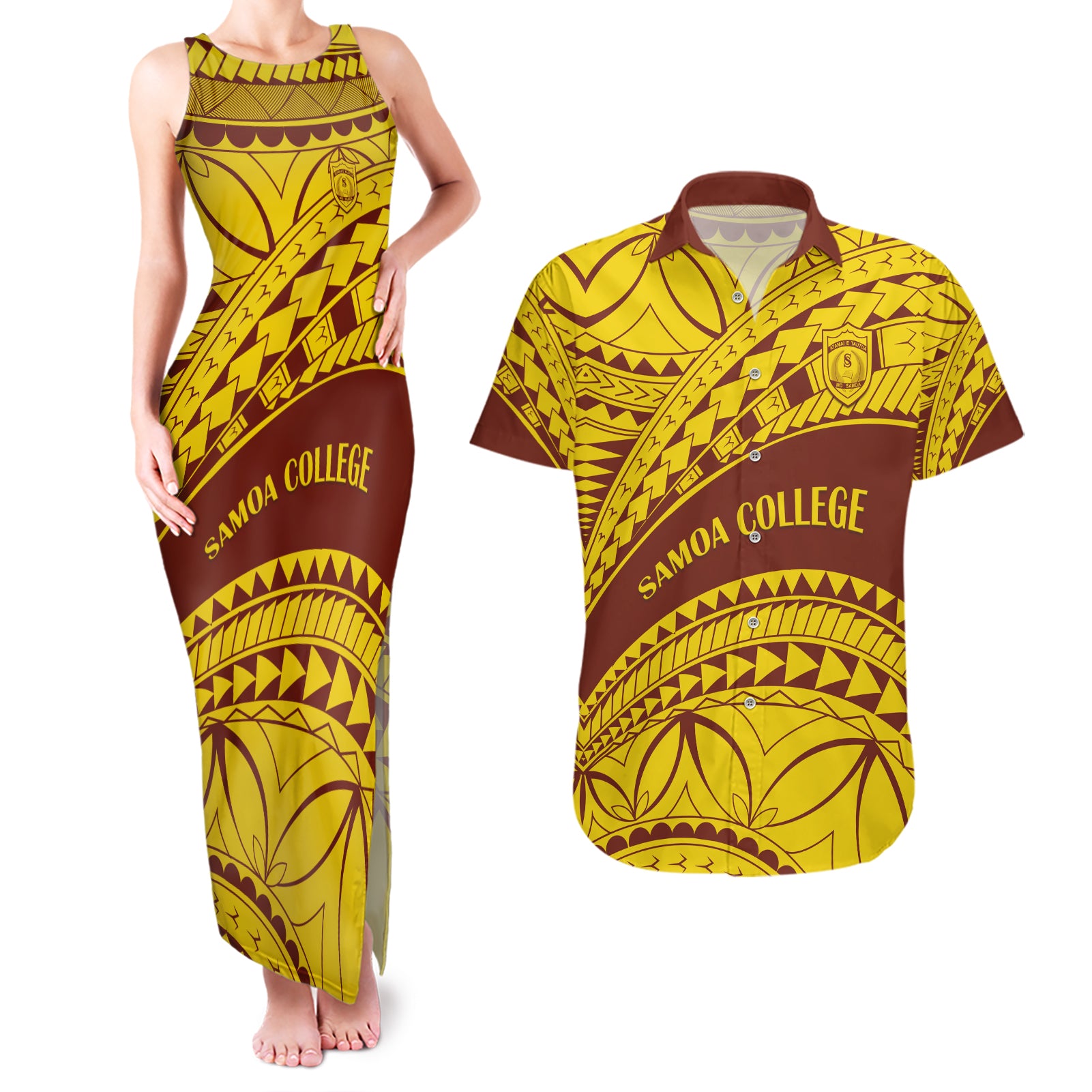 Personalised Samoa College Couples Matching Tank Maxi Dress and Hawaiian Shirt Samoan Pattern - Wonder Print Shop