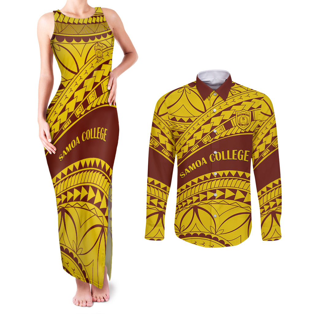 Personalised Samoa College Couples Matching Tank Maxi Dress and Long Sleeve Button Shirt Samoan Pattern - Wonder Print Shop
