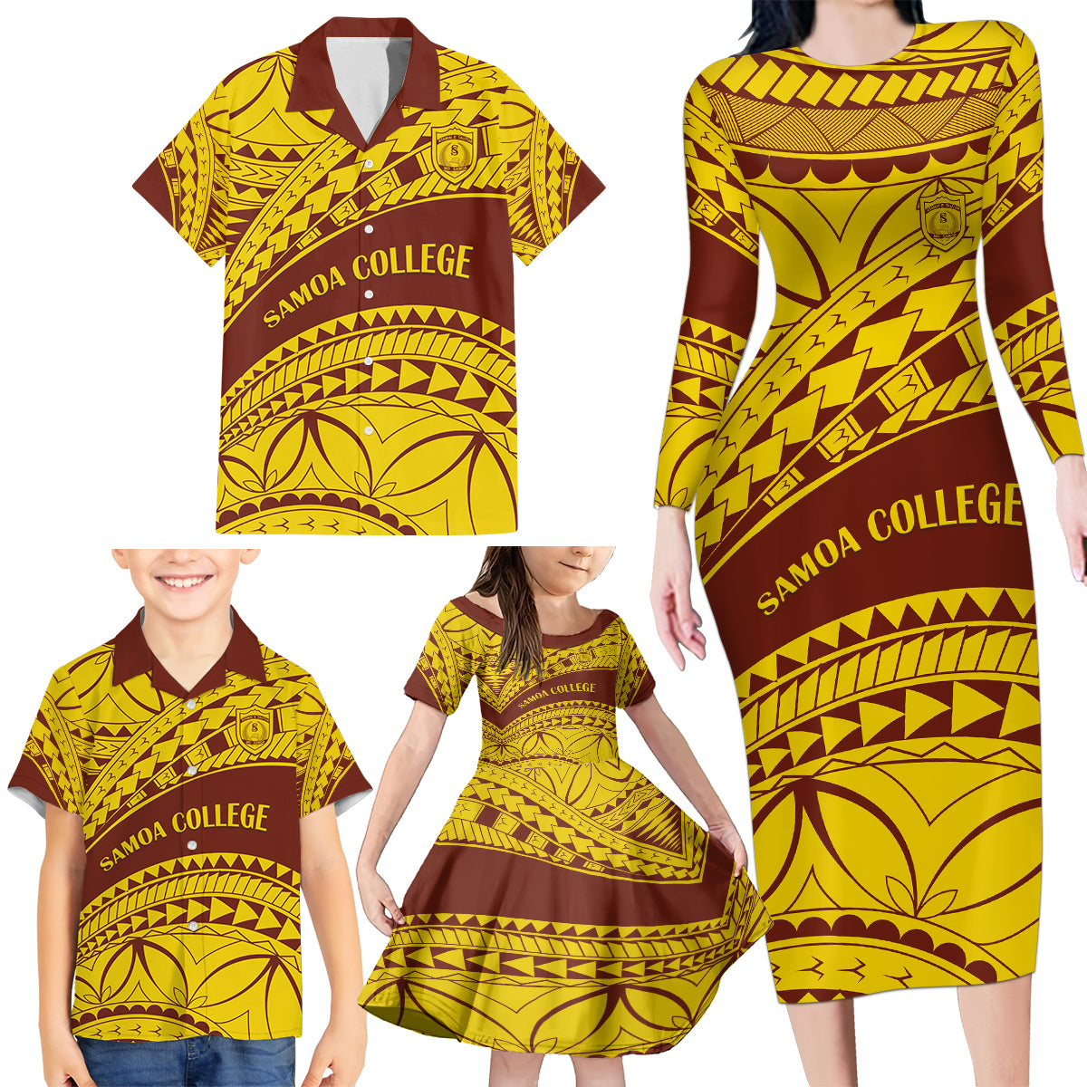 Personalised Samoa College Family Matching Long Sleeve Bodycon Dress and Hawaiian Shirt Samoan Pattern - Wonder Print Shop