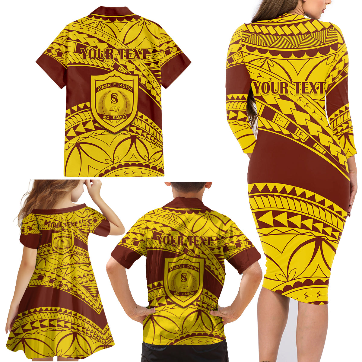Personalised Samoa College Family Matching Long Sleeve Bodycon Dress and Hawaiian Shirt Samoan Pattern - Wonder Print Shop