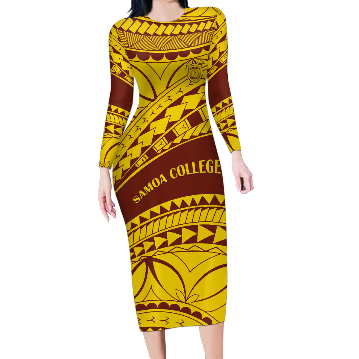 Personalised Samoa College Family Matching Long Sleeve Bodycon Dress and Hawaiian Shirt Samoan Pattern - Wonder Print Shop