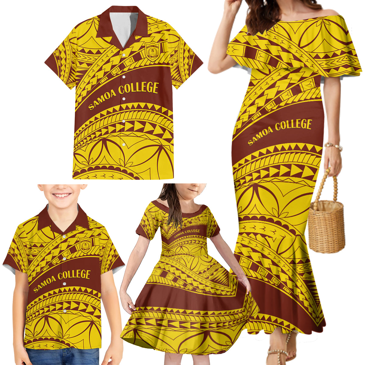 Personalised Samoa College Family Matching Mermaid Dress and Hawaiian Shirt Samoan Pattern - Wonder Print Shop