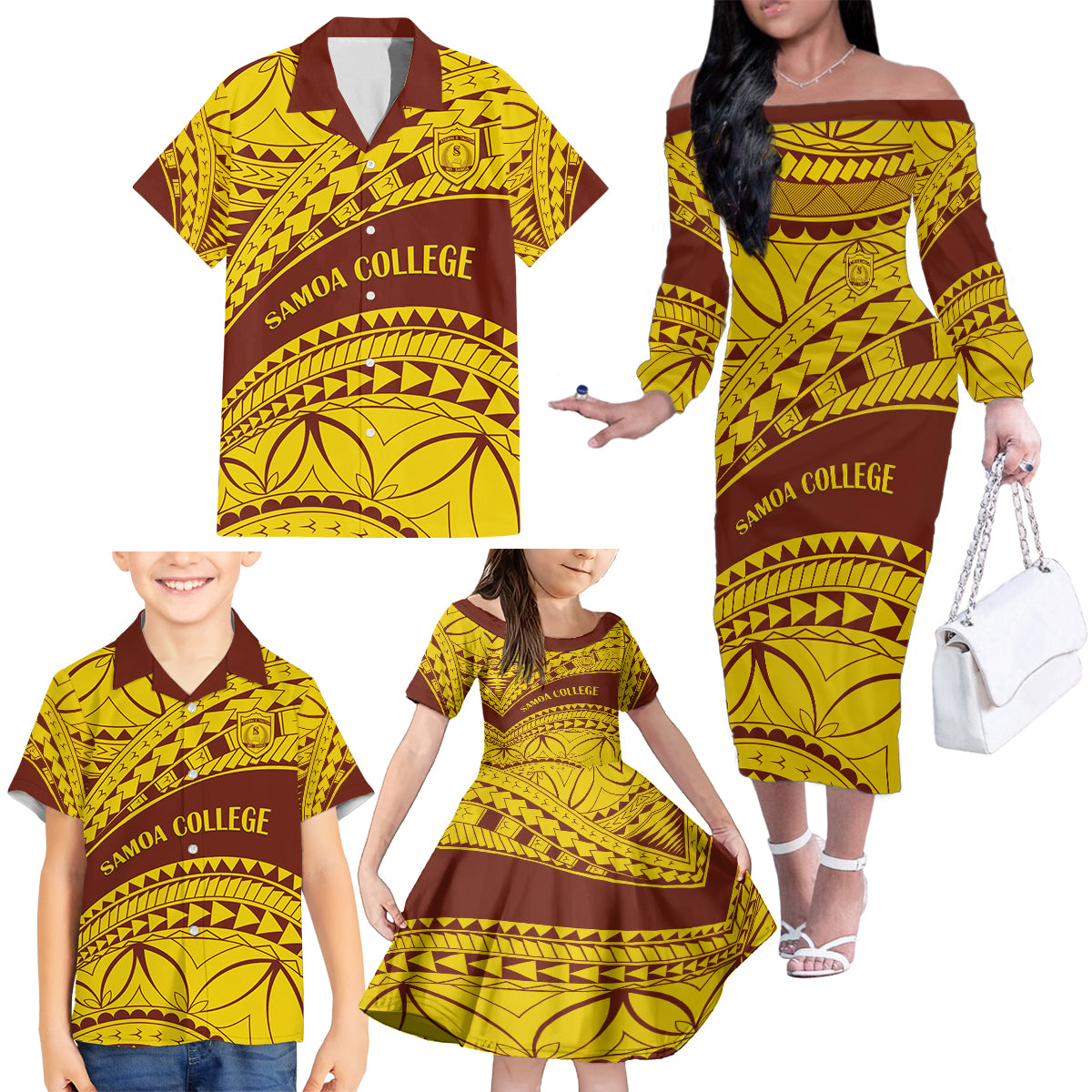 Personalised Samoa College Family Matching Off Shoulder Long Sleeve Dress and Hawaiian Shirt Samoan Pattern - Wonder Print Shop