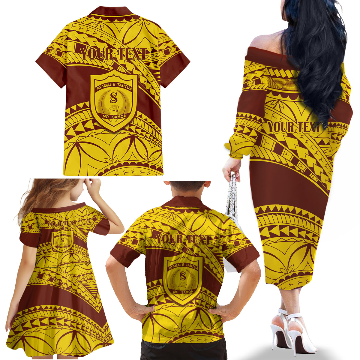 Personalised Samoa College Family Matching Off Shoulder Long Sleeve Dress and Hawaiian Shirt Samoan Pattern - Wonder Print Shop
