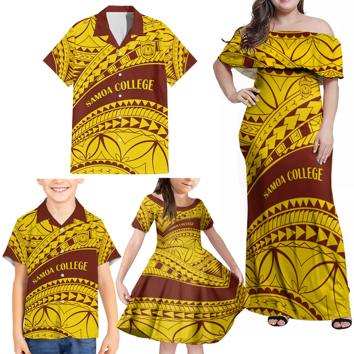 Personalised Samoa College Family Matching Off Shoulder Maxi Dress and Hawaiian Shirt Samoan Pattern - Wonder Print Shop