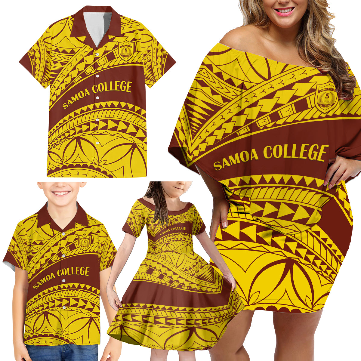 Personalised Samoa College Family Matching Off Shoulder Short Dress and Hawaiian Shirt Samoan Pattern - Wonder Print Shop