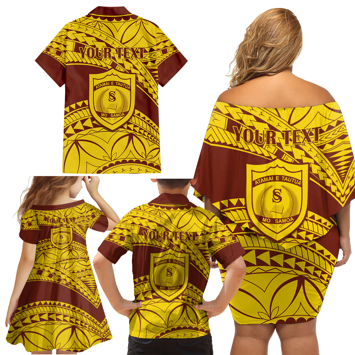 Personalised Samoa College Family Matching Off Shoulder Short Dress and Hawaiian Shirt Samoan Pattern - Wonder Print Shop