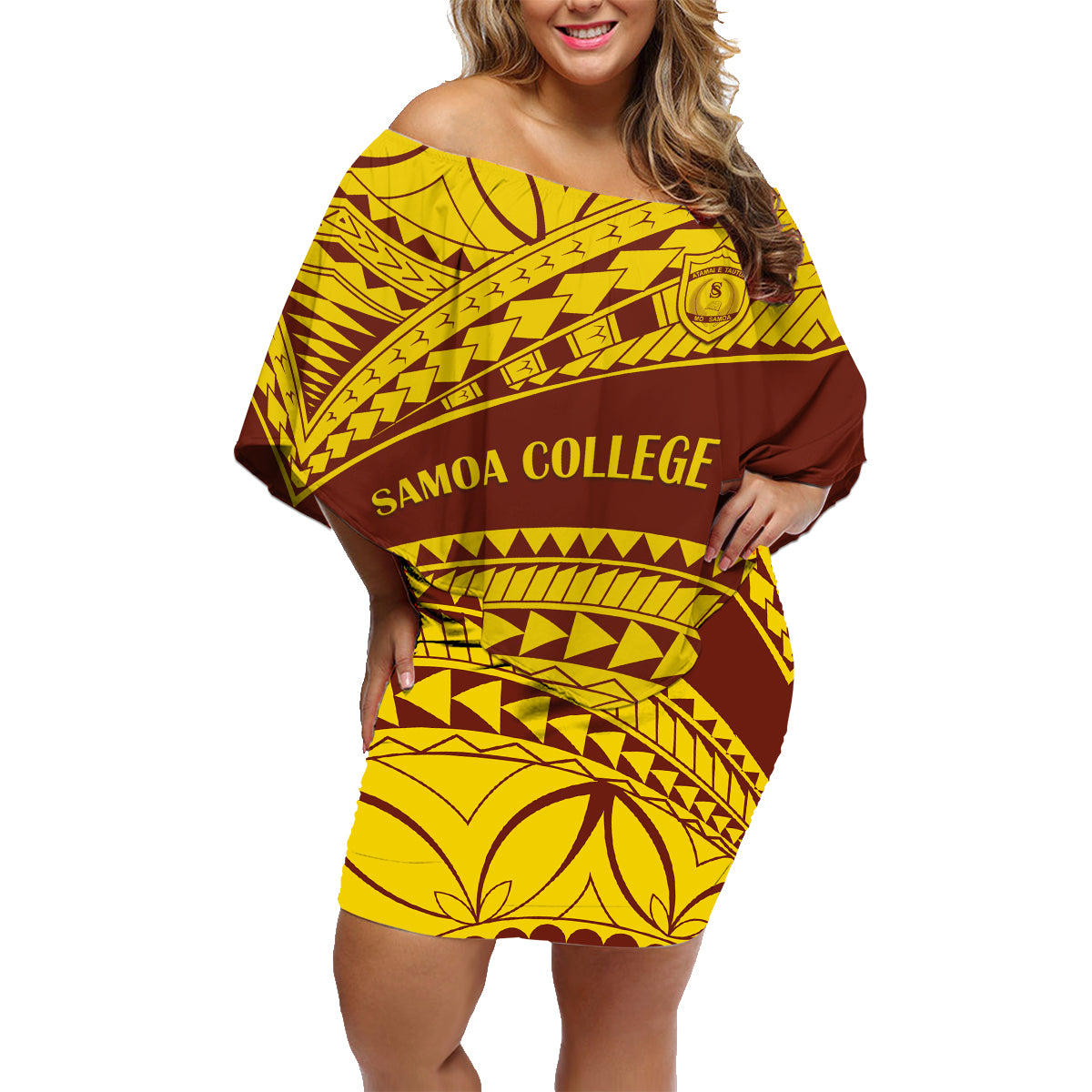 Personalised Samoa College Family Matching Off Shoulder Short Dress and Hawaiian Shirt Samoan Pattern - Wonder Print Shop