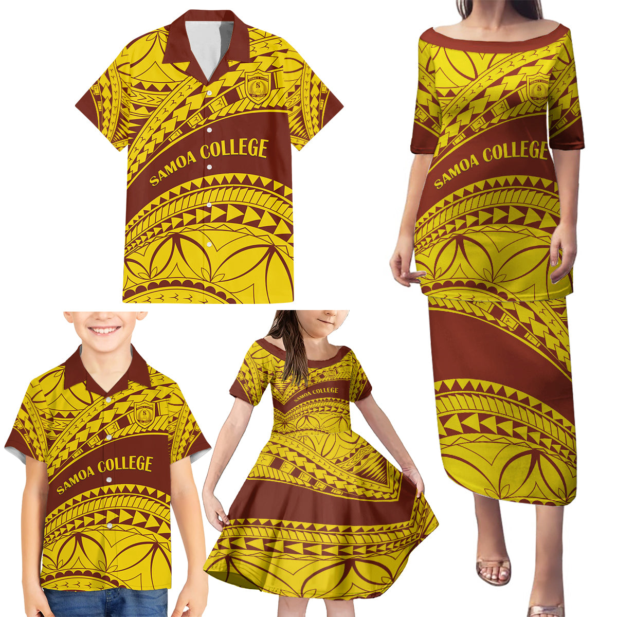 Personalised Samoa College Family Matching Puletasi Dress and Hawaiian Shirt Samoan Pattern - Wonder Print Shop
