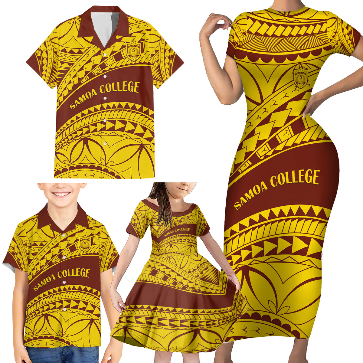 Personalised Samoa College Family Matching Short Sleeve Bodycon Dress and Hawaiian Shirt Samoan Pattern - Wonder Print Shop