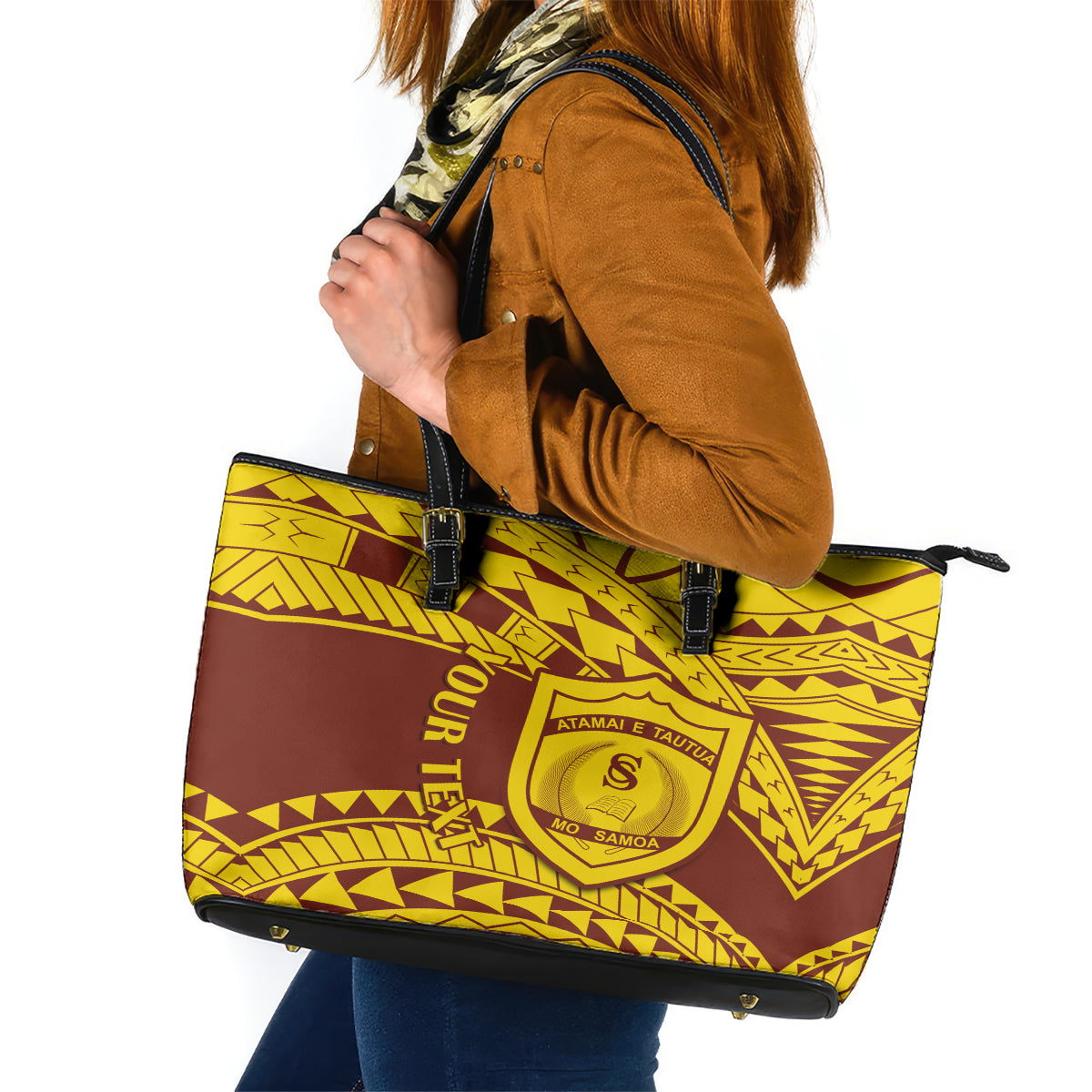 Personalised Samoa College Leather Tote Bag Samoan Pattern - Wonder Print Shop