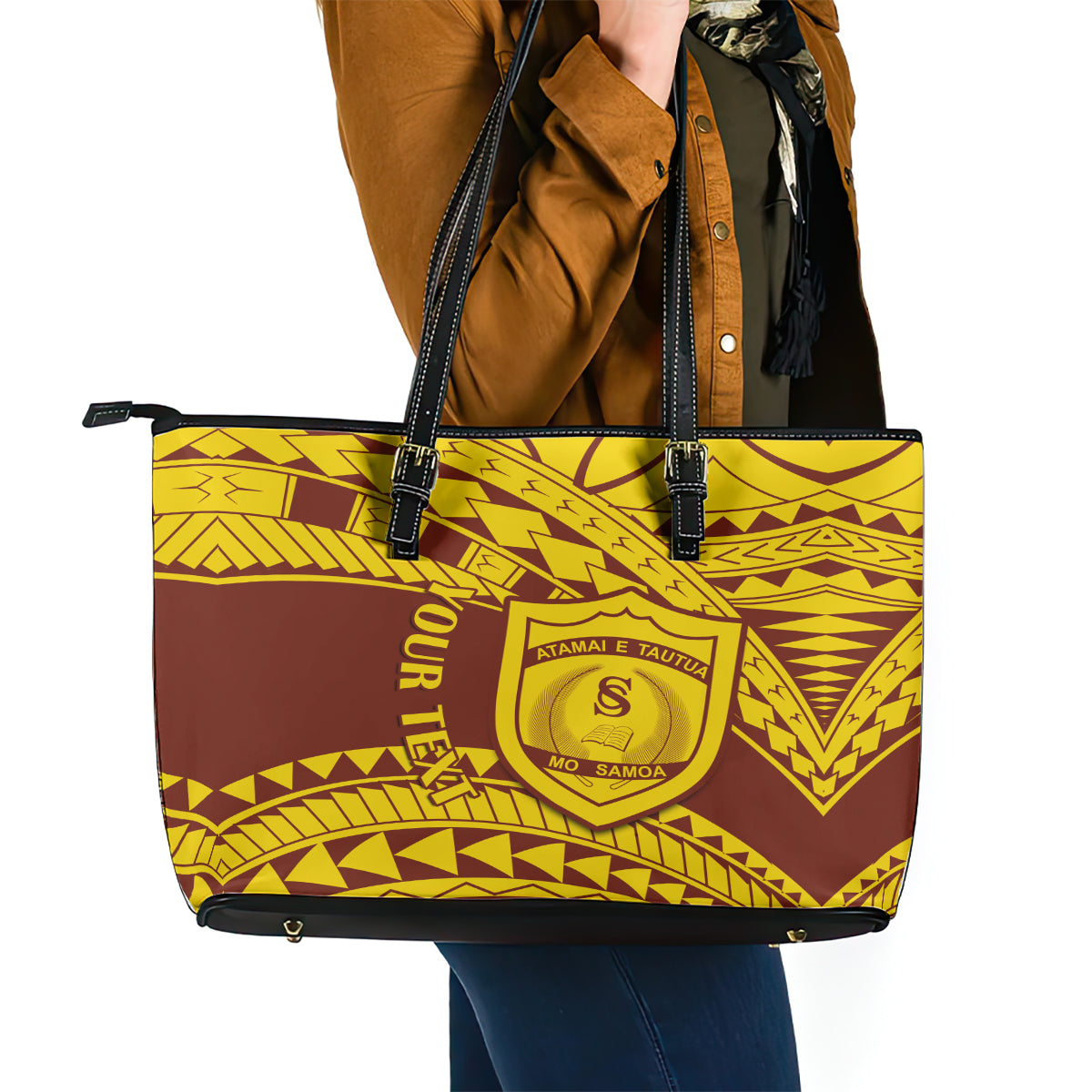 Personalised Samoa College Leather Tote Bag Samoan Pattern - Wonder Print Shop