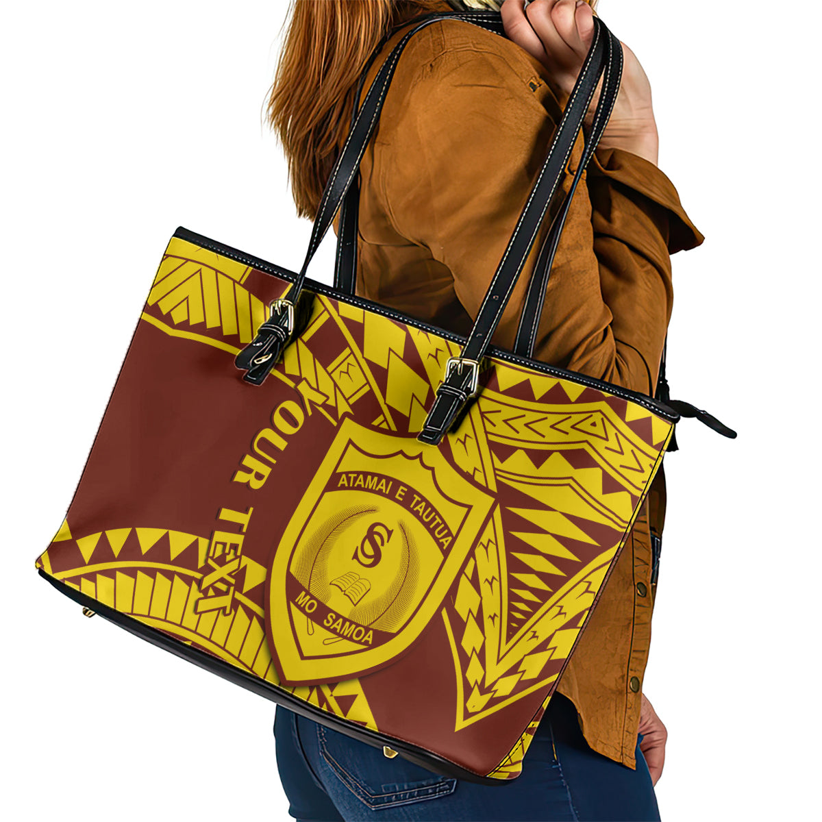 Personalised Samoa College Leather Tote Bag Samoan Pattern - Wonder Print Shop