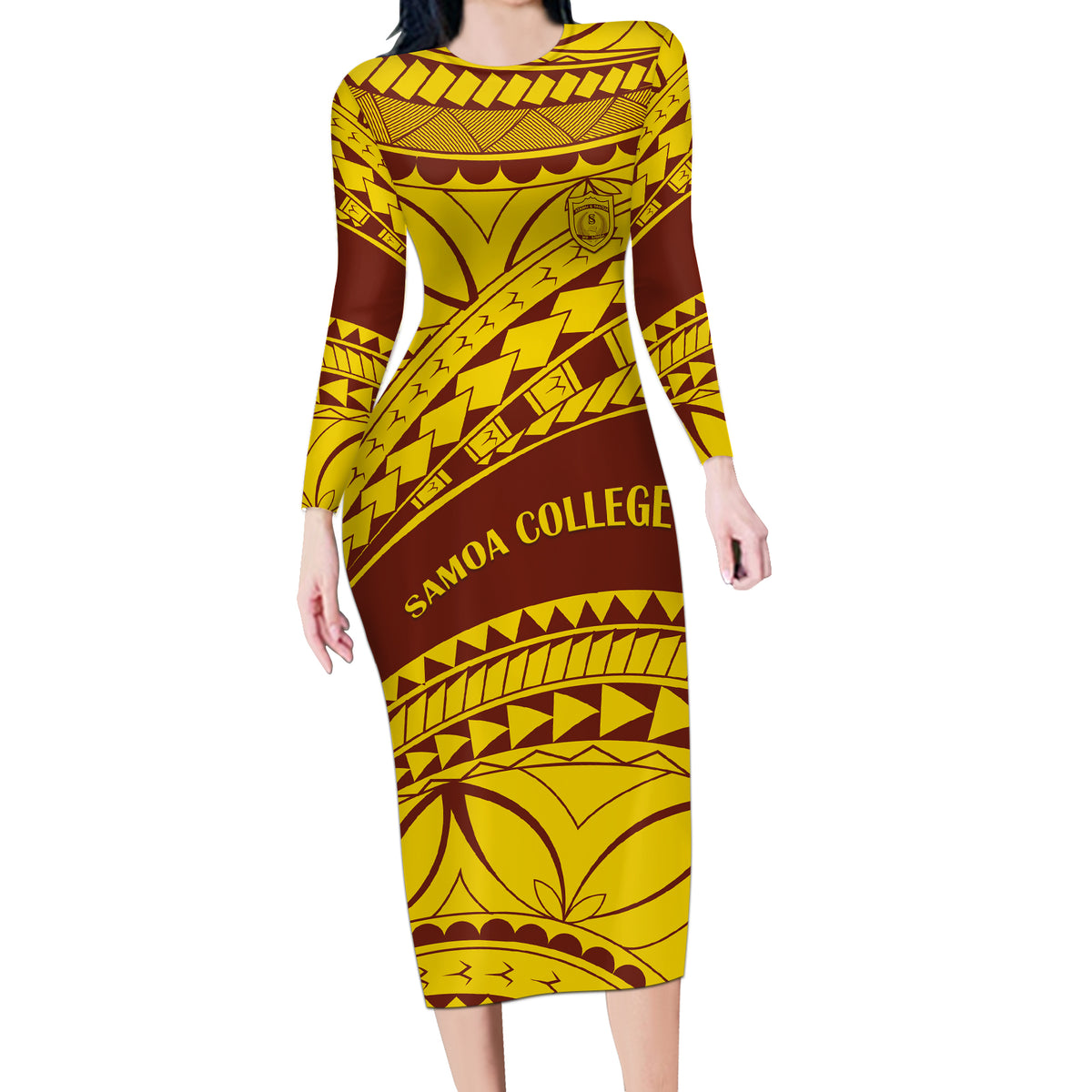 Personalised Samoa College Long Sleeve Bodycon Dress Samoan Pattern - Wonder Print Shop