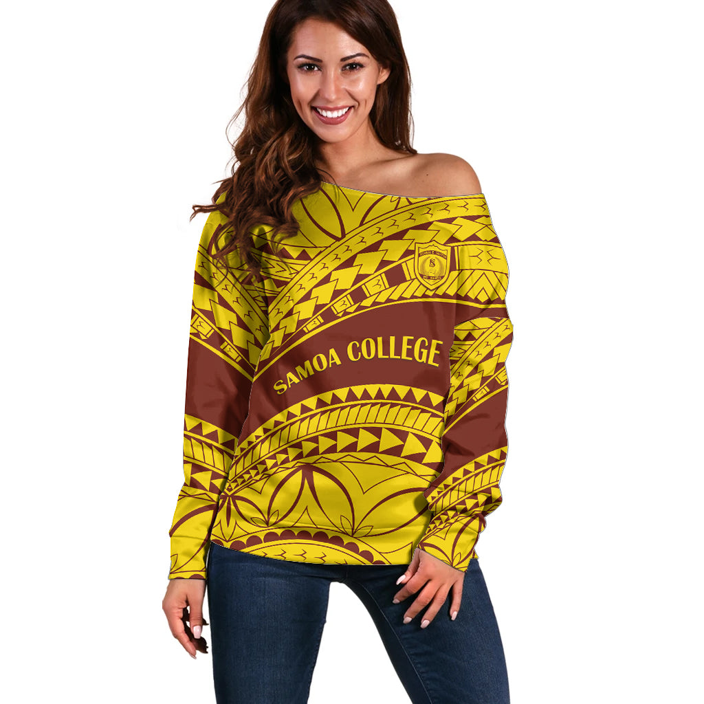 Personalised Samoa College Off Shoulder Sweater Samoan Pattern - Wonder Print Shop
