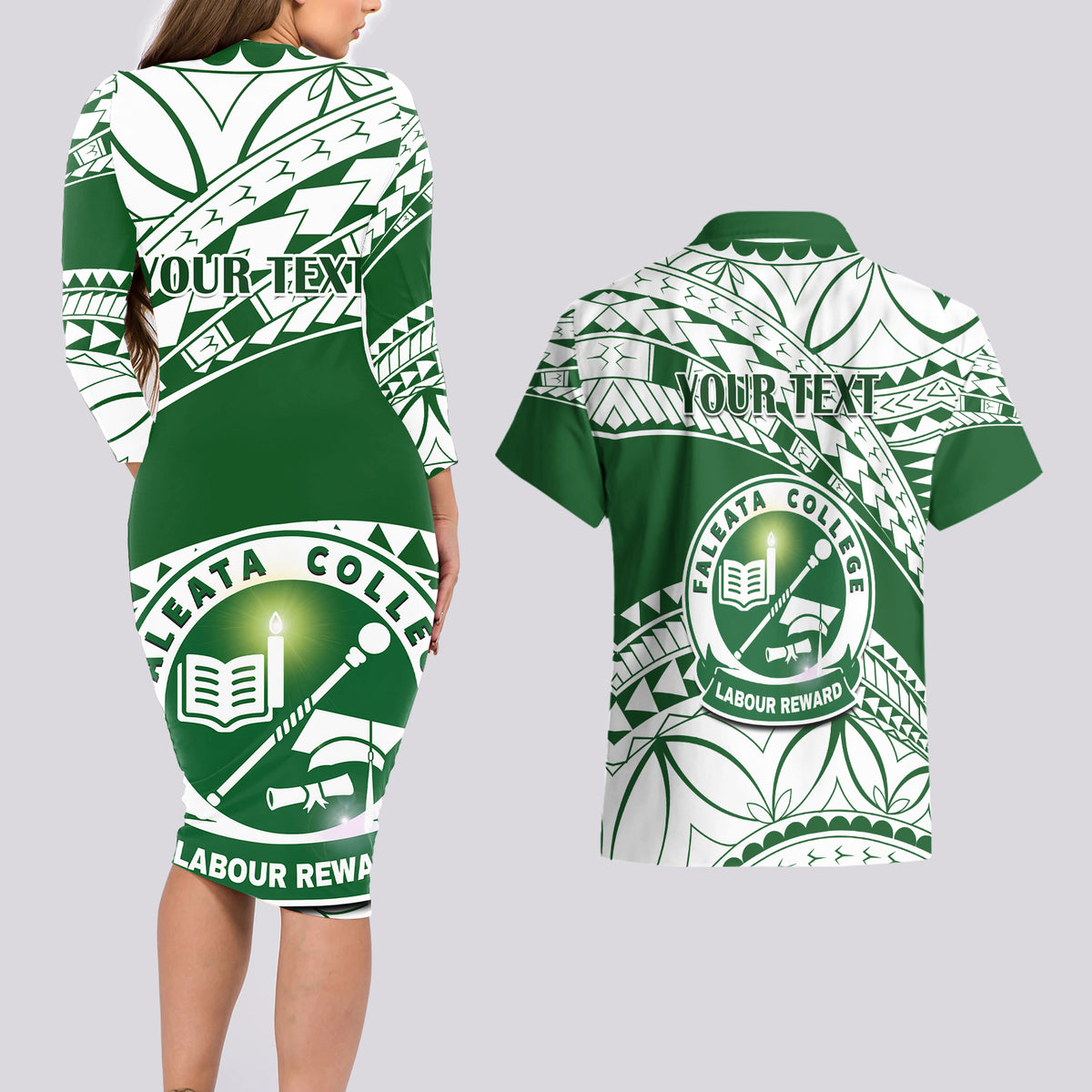 Personalised Samoa Faleata College Couples Matching Long Sleeve Bodycon Dress and Hawaiian Shirt Samoan Pattern - Wonder Print Shop
