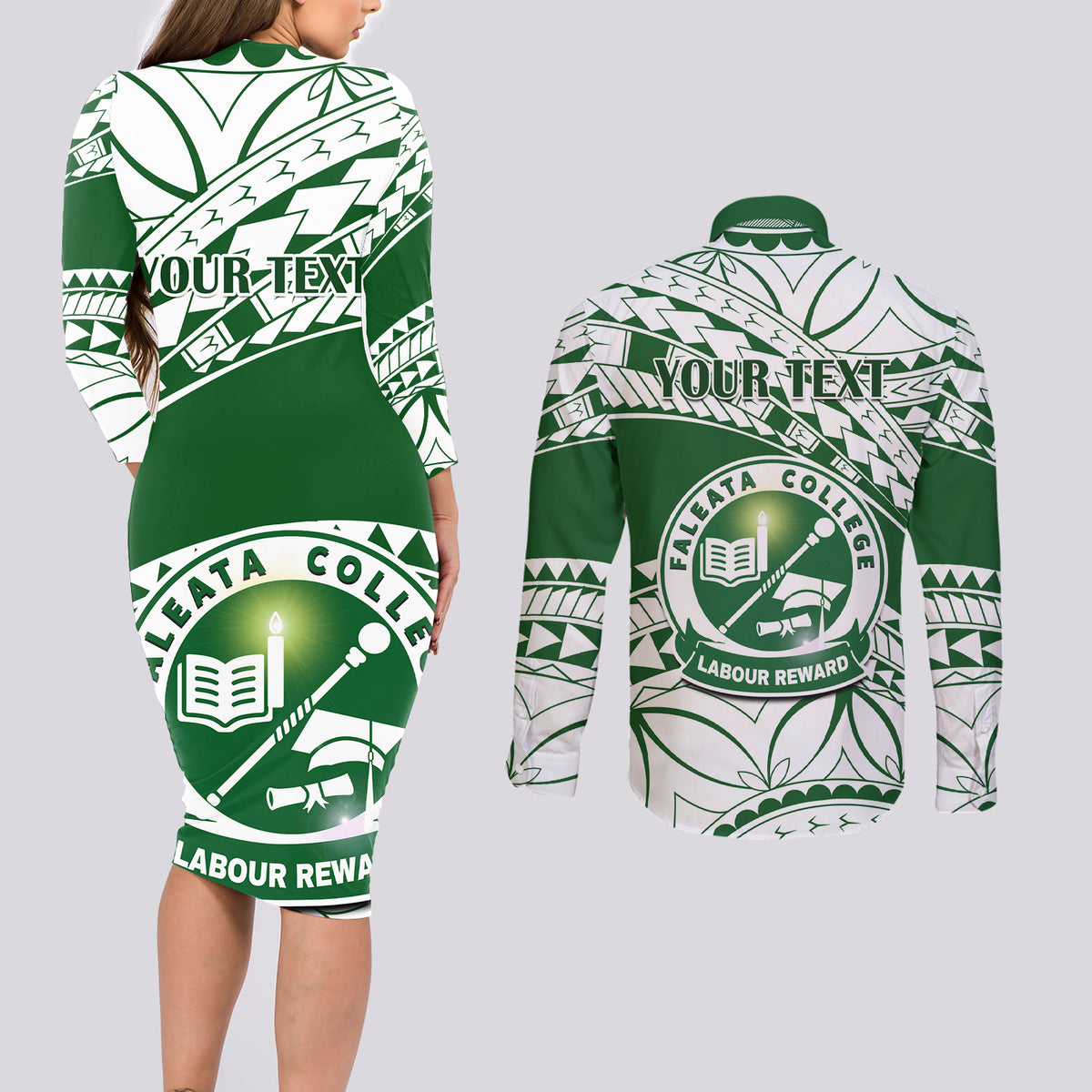 Personalised Samoa Faleata College Couples Matching Long Sleeve Bodycon Dress and Long Sleeve Button Shirt Samoan Pattern - Wonder Print Shop