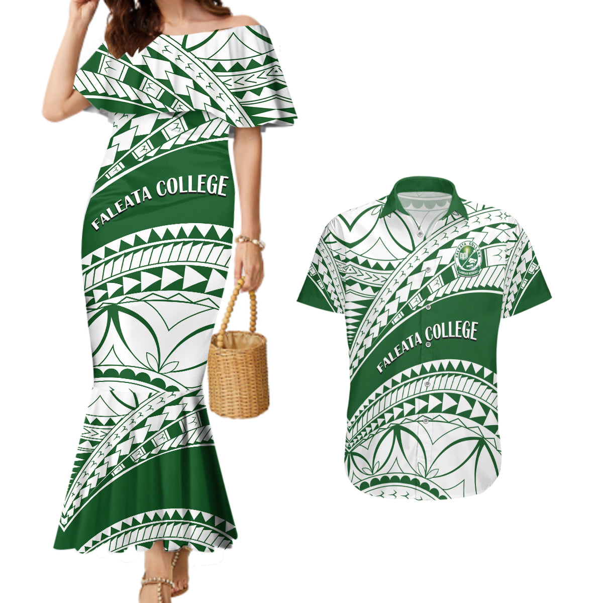 Personalised Samoa Faleata College Couples Matching Mermaid Dress and Hawaiian Shirt Samoan Pattern - Wonder Print Shop