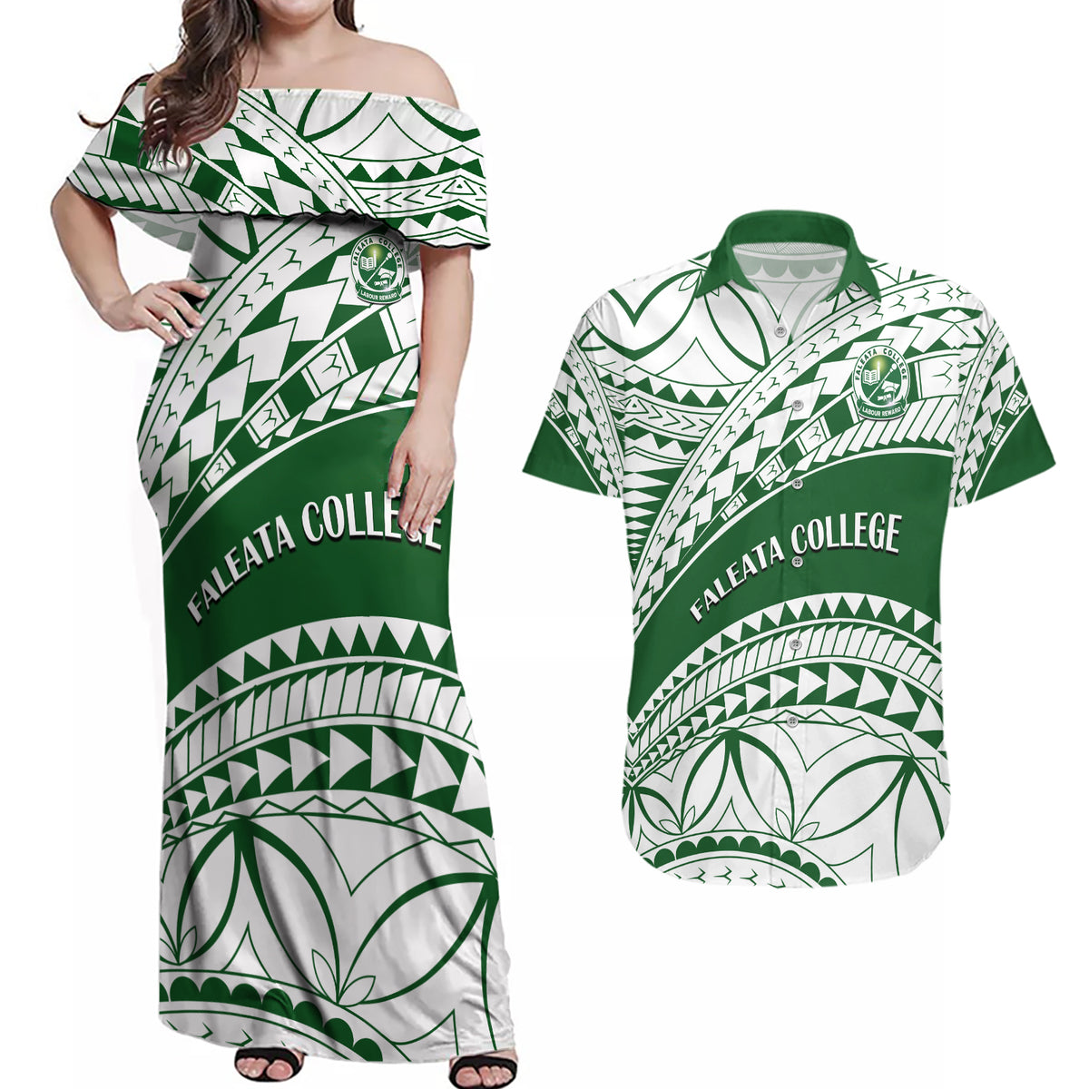 Personalised Samoa Faleata College Couples Matching Off Shoulder Maxi Dress and Hawaiian Shirt Samoan Pattern - Wonder Print Shop