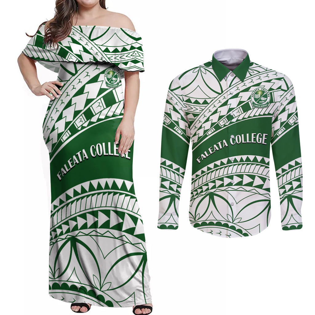 Personalised Samoa Faleata College Couples Matching Off Shoulder Maxi Dress and Long Sleeve Button Shirt Samoan Pattern - Wonder Print Shop
