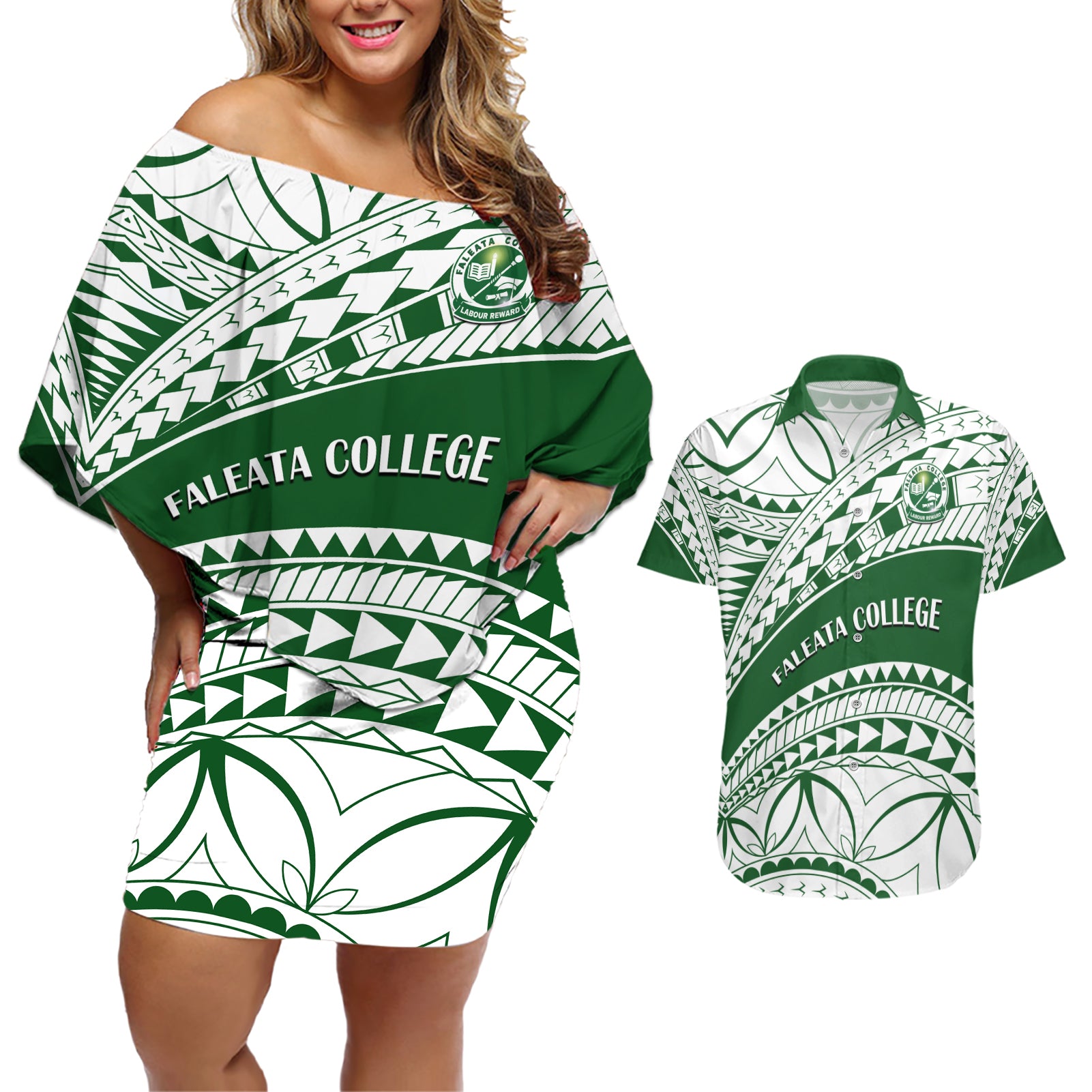 Personalised Samoa Faleata College Couples Matching Off Shoulder Short Dress and Hawaiian Shirt Samoan Pattern - Wonder Print Shop