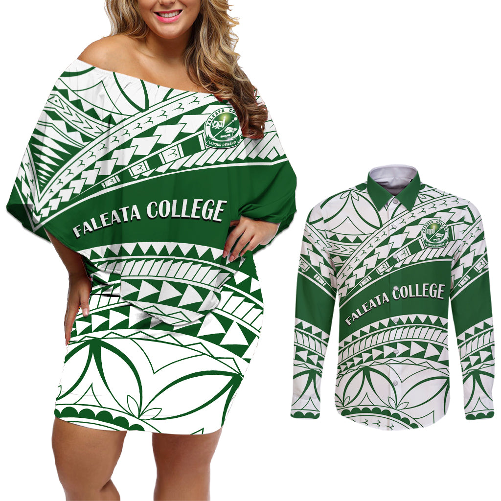 Personalised Samoa Faleata College Couples Matching Off Shoulder Short Dress and Long Sleeve Button Shirt Samoan Pattern - Wonder Print Shop