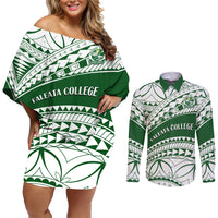 Personalised Samoa Faleata College Couples Matching Off Shoulder Short Dress and Long Sleeve Button Shirt Samoan Pattern - Wonder Print Shop