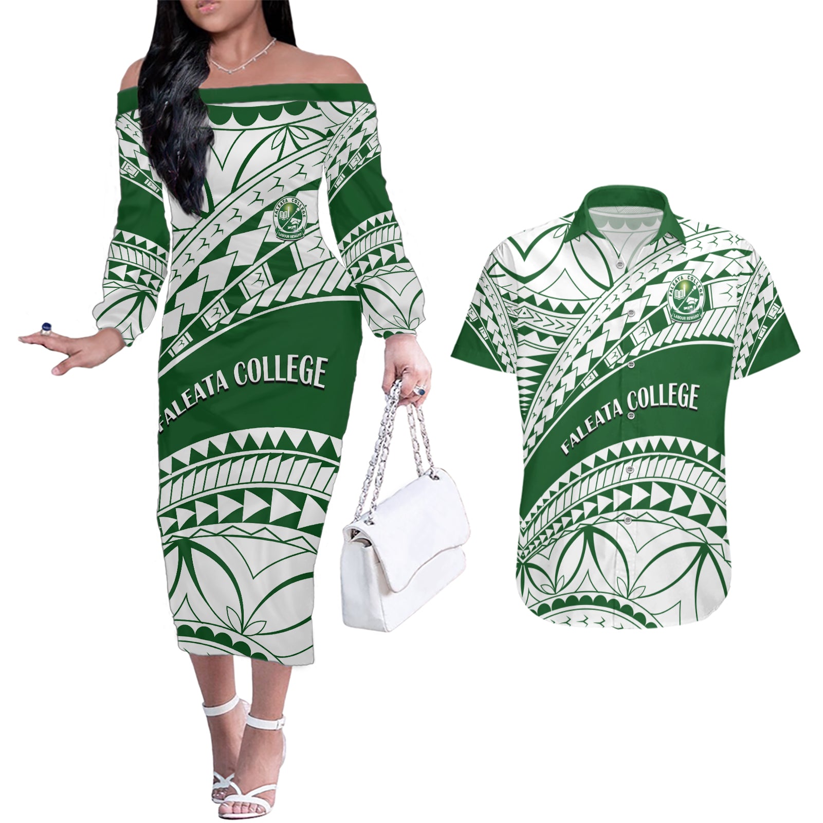 Personalised Samoa Faleata College Couples Matching Off The Shoulder Long Sleeve Dress and Hawaiian Shirt Samoan Pattern - Wonder Print Shop