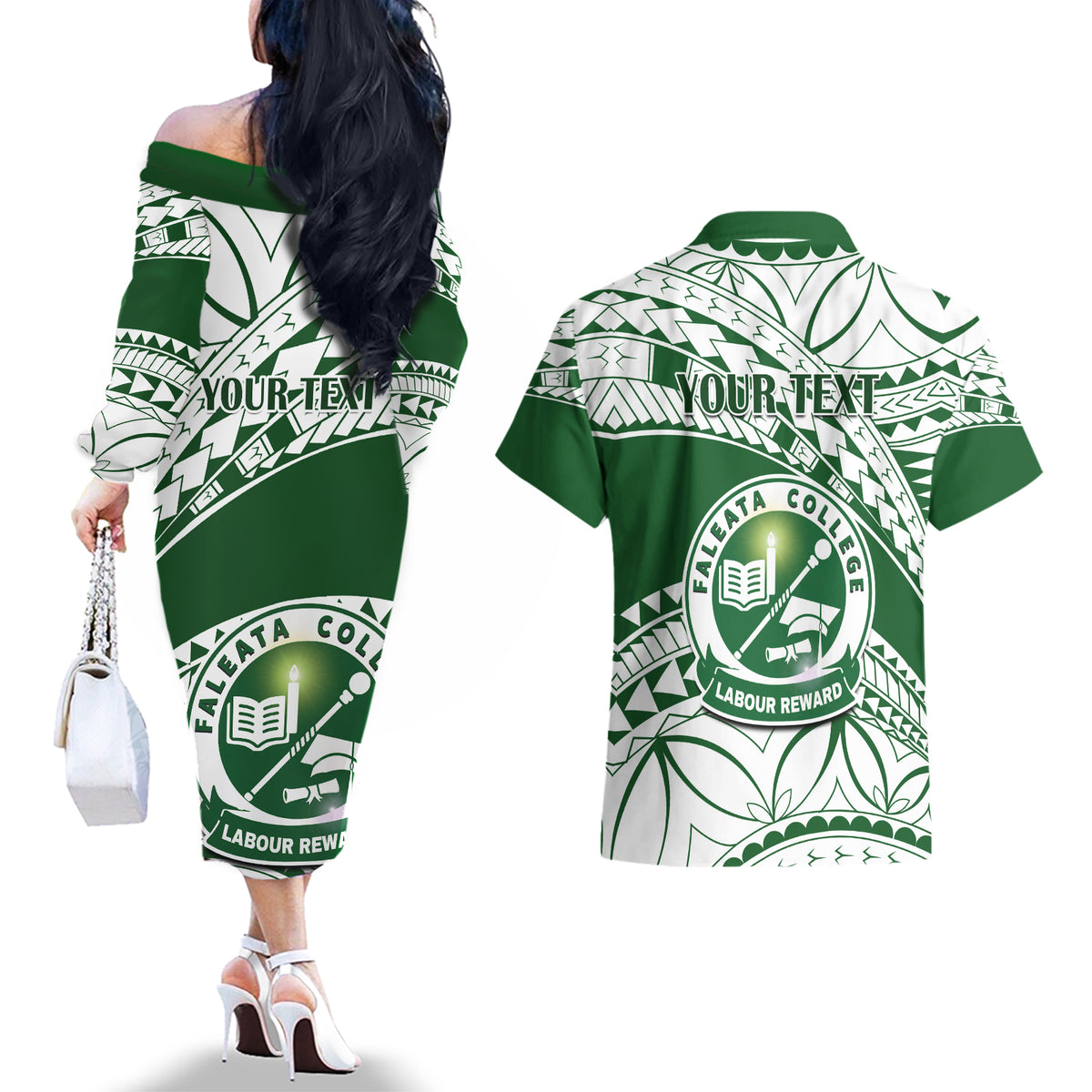 Personalised Samoa Faleata College Couples Matching Off The Shoulder Long Sleeve Dress and Hawaiian Shirt Samoan Pattern - Wonder Print Shop