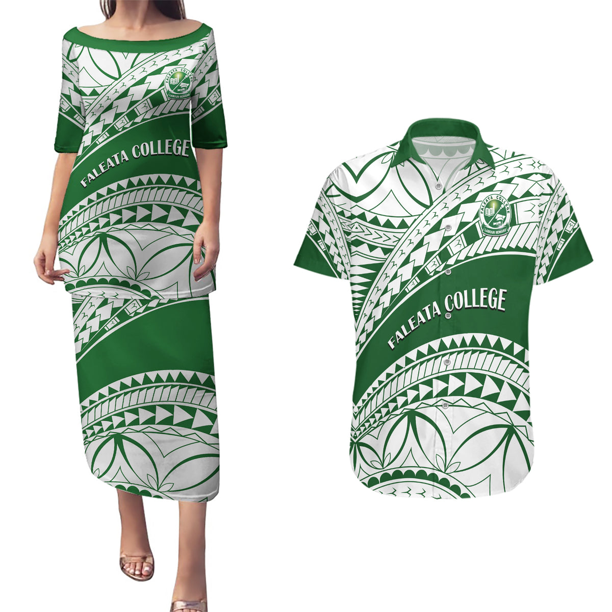 Personalised Samoa Faleata College Couples Matching Puletasi Dress and Hawaiian Shirt Samoan Pattern - Wonder Print Shop