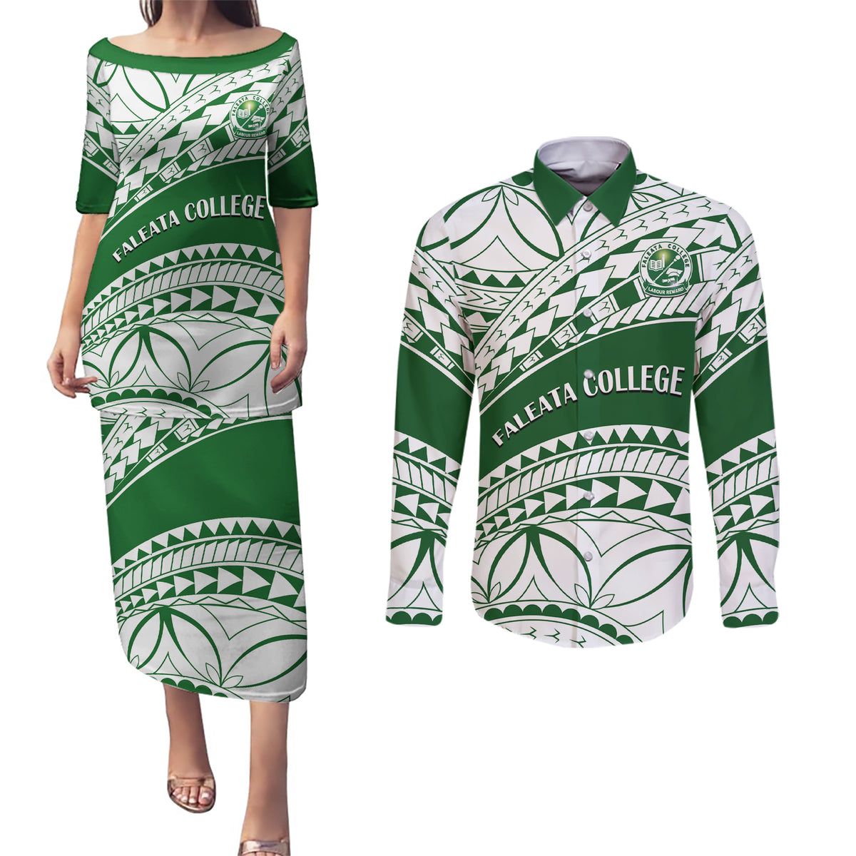 Personalised Samoa Faleata College Couples Matching Puletasi Dress and Long Sleeve Button Shirt Samoan Pattern - Wonder Print Shop