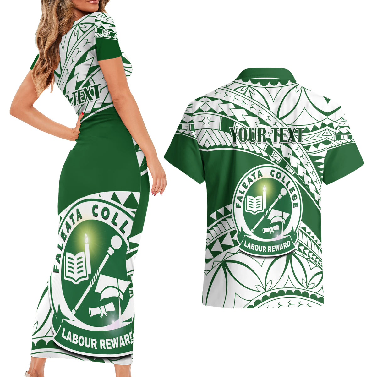 Personalised Samoa Faleata College Couples Matching Short Sleeve Bodycon Dress and Hawaiian Shirt Samoan Pattern - Wonder Print Shop