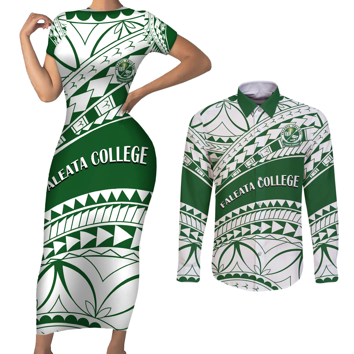 Personalised Samoa Faleata College Couples Matching Short Sleeve Bodycon Dress and Long Sleeve Button Shirt Samoan Pattern - Wonder Print Shop