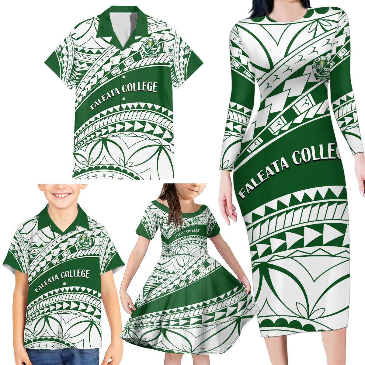 Personalised Samoa Faleata College Family Matching Long Sleeve Bodycon Dress and Hawaiian Shirt Samoan Pattern - Wonder Print Shop