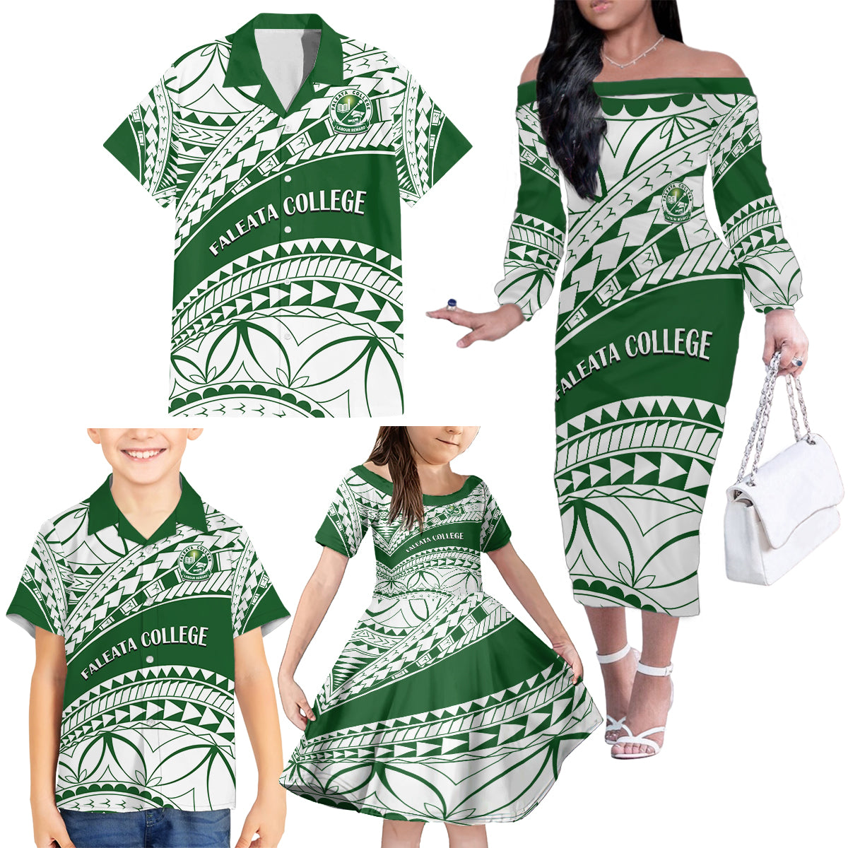 Personalised Samoa Faleata College Family Matching Off Shoulder Long Sleeve Dress and Hawaiian Shirt Samoan Pattern - Wonder Print Shop