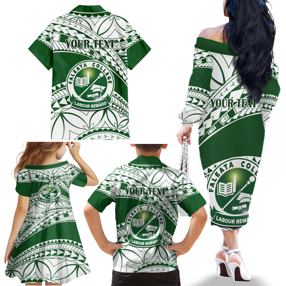 Personalised Samoa Faleata College Family Matching Off Shoulder Long Sleeve Dress and Hawaiian Shirt Samoan Pattern - Wonder Print Shop