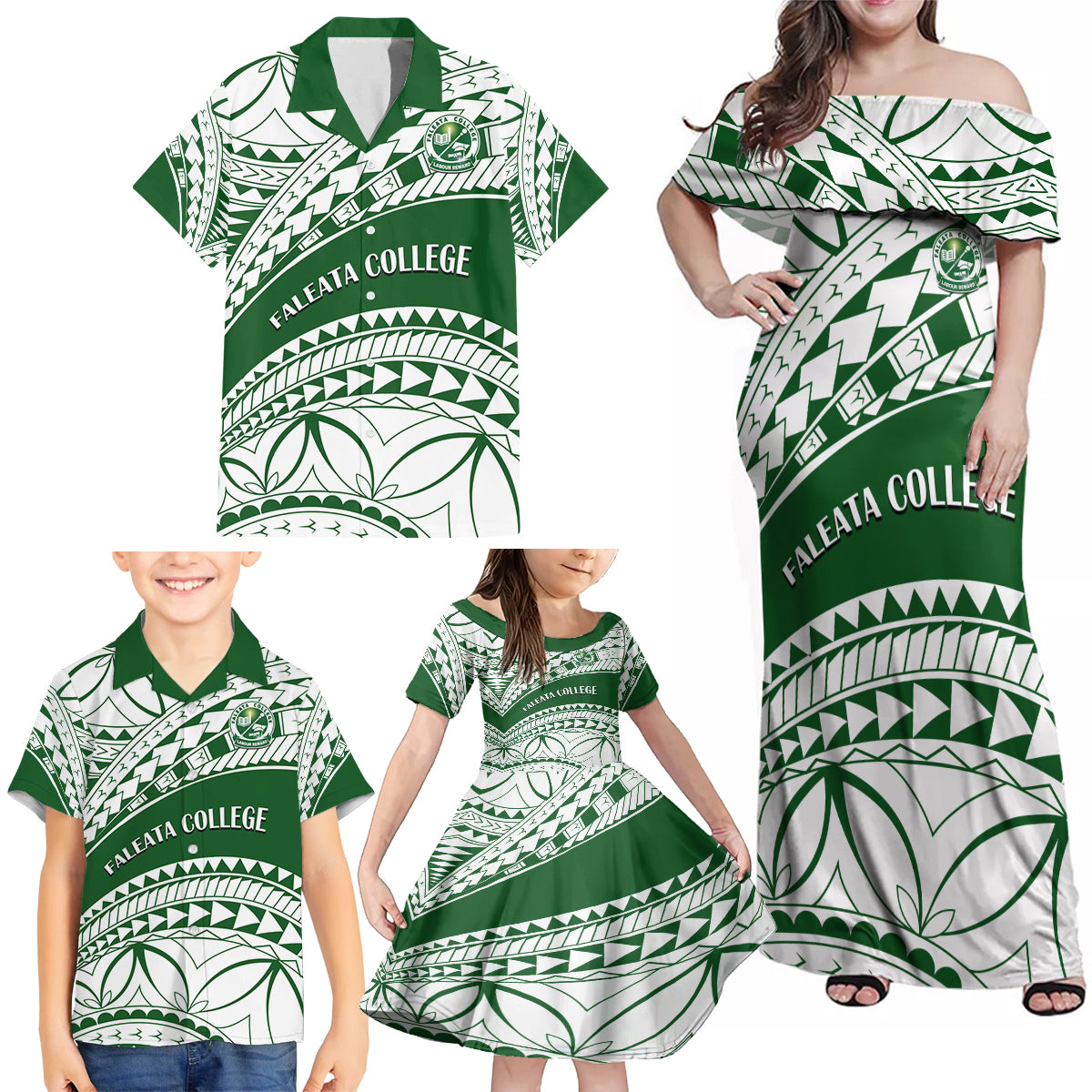 Personalised Samoa Faleata College Family Matching Off Shoulder Maxi Dress and Hawaiian Shirt Samoan Pattern - Wonder Print Shop