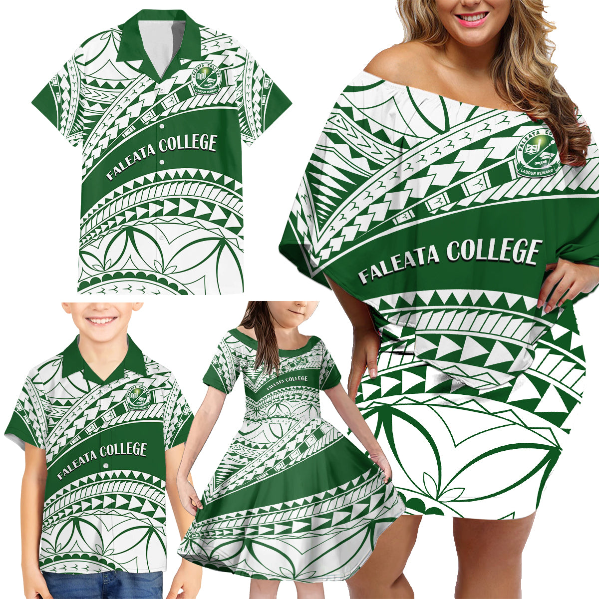 Personalised Samoa Faleata College Family Matching Off Shoulder Short Dress and Hawaiian Shirt Samoan Pattern - Wonder Print Shop